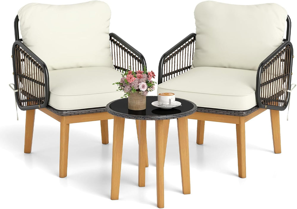 Tangkula 3 Piece Patio Chair Set, Wicker Chair & Side Table Set with Soft...