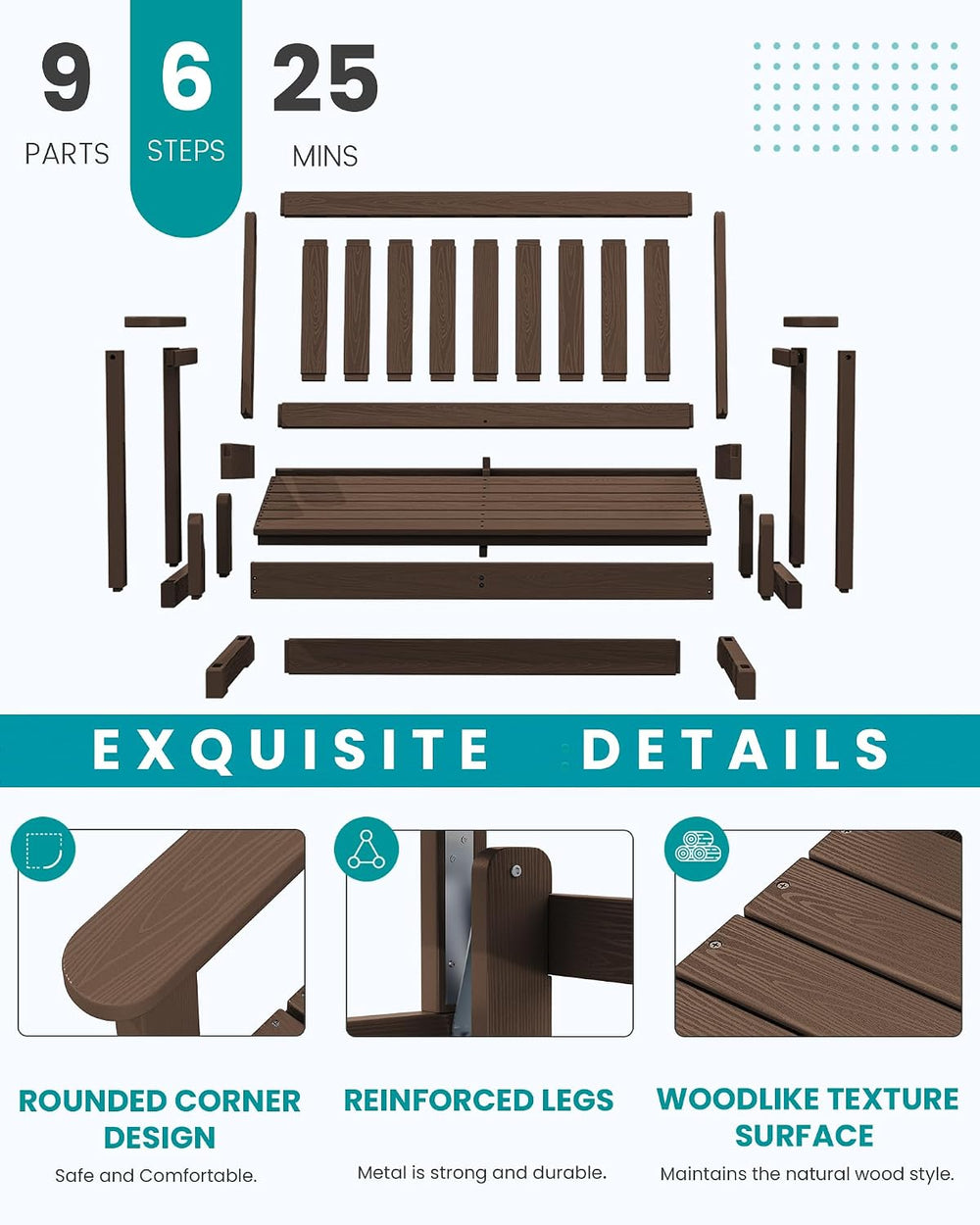SERWALL HDPE Outdoor Glider Bench Set of 2, All Weather, 660lbs Cap, Coffee