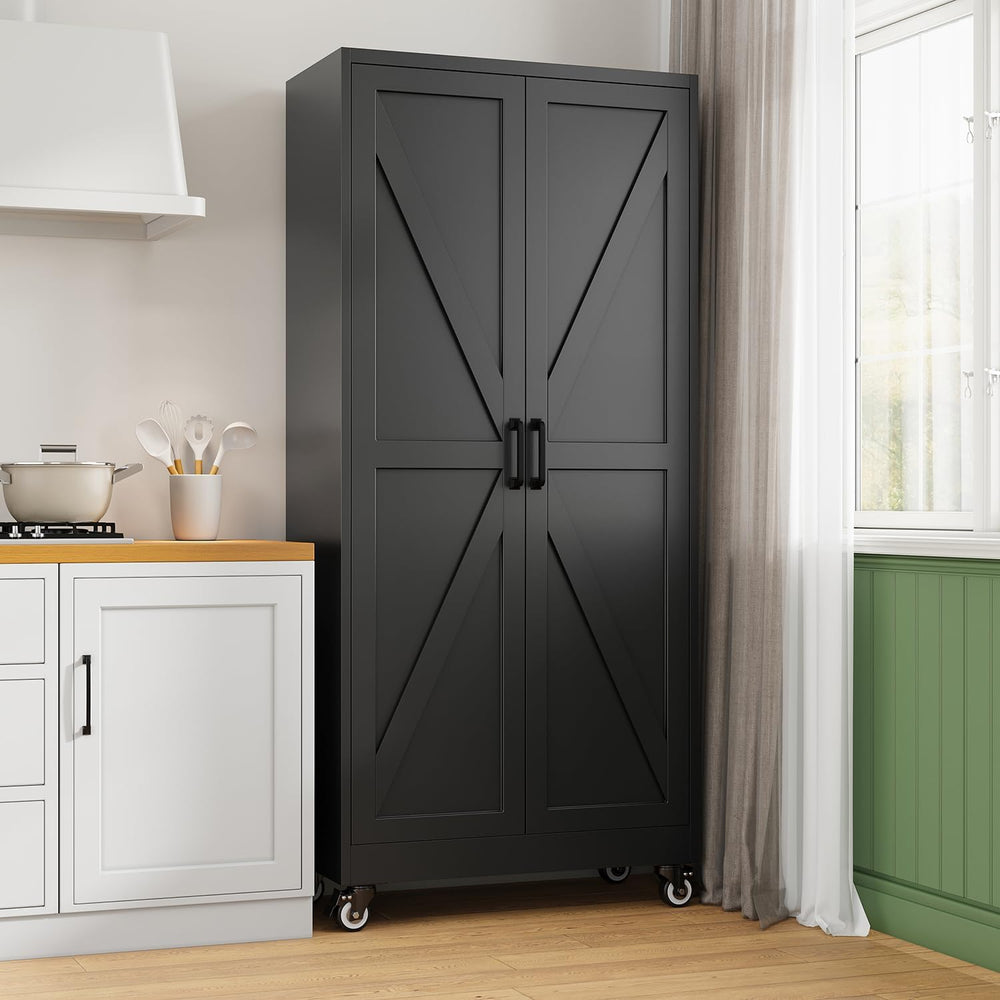Letaya Metal Garage Storage Cabinets with Wheels,71”H Black Kitchen Pantry