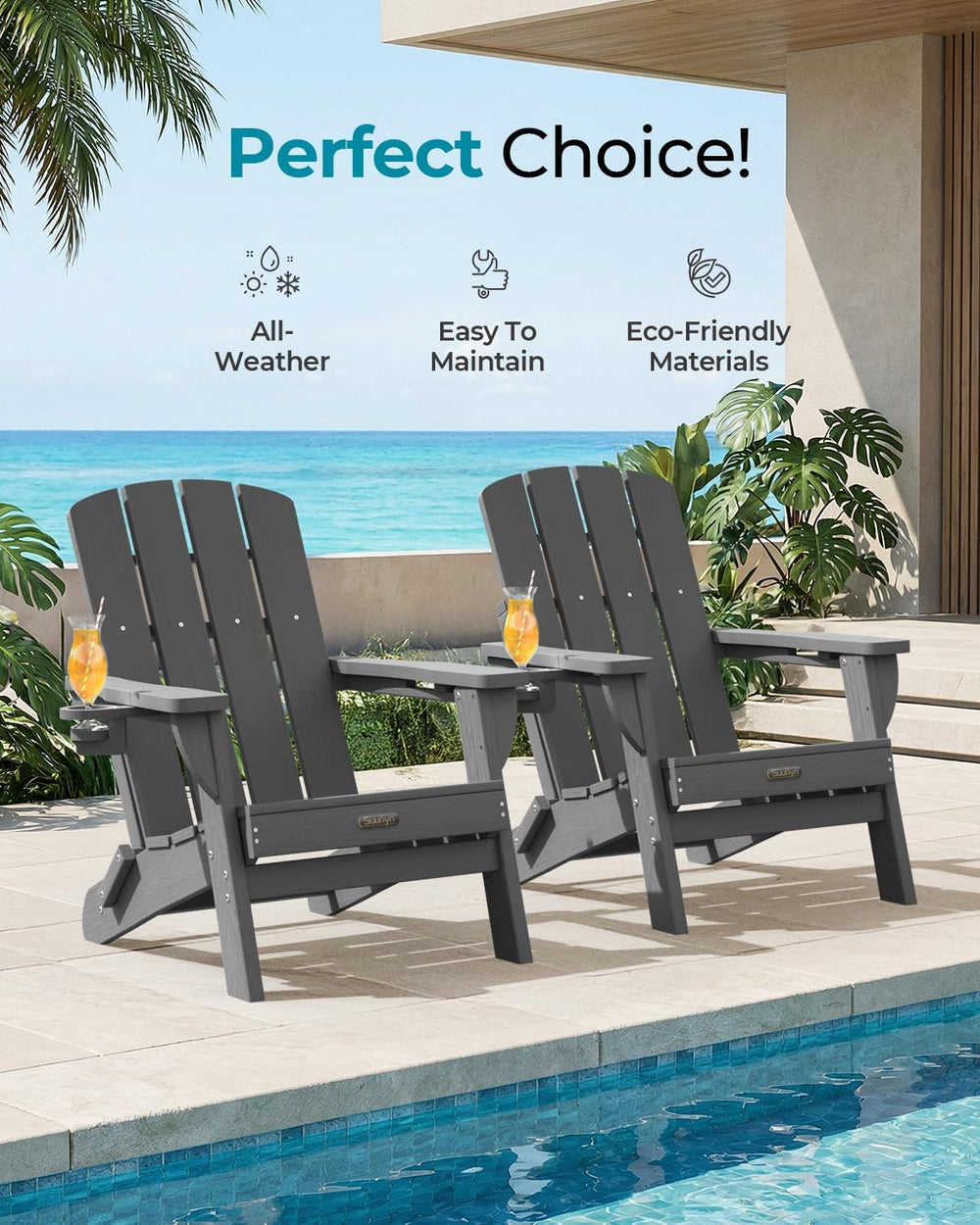 Folding Adirondack Chair, HDPE Adirondack Chairs with 2 Cup Holder, Plastic A...