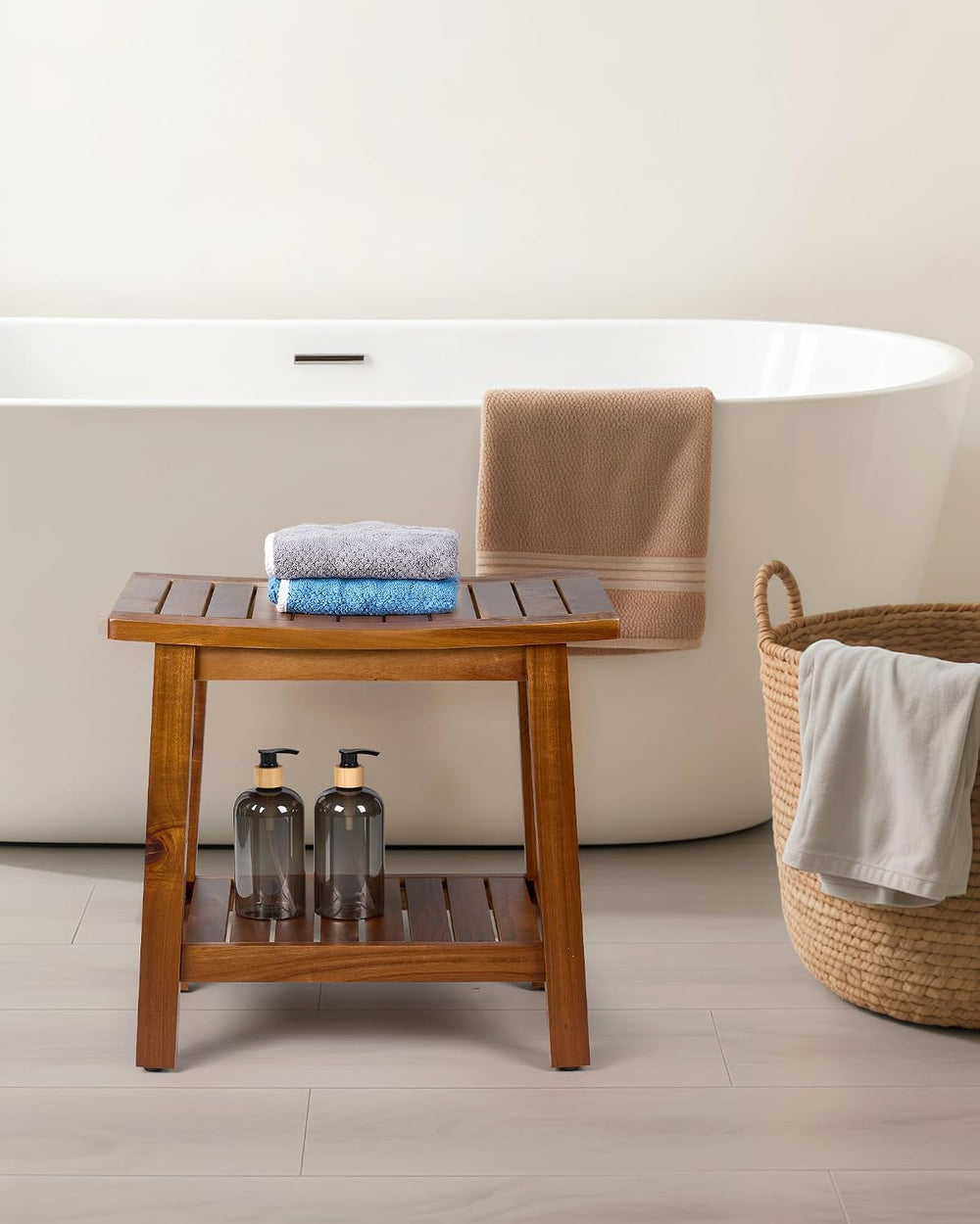 Upolana Outdoor Shower Bench, 20" Solid Acacia Wood Shower Stool Waterpr...