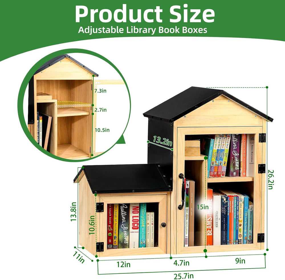 Outdoor Library Book Box, Solid Wood Free Library with Large & Small Comp...