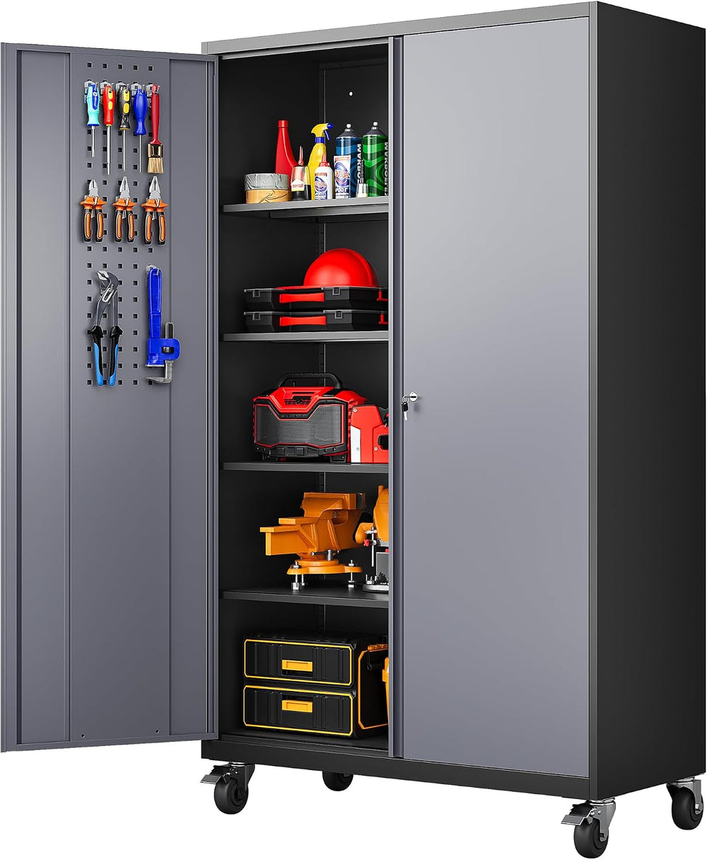 Wide & Deep Metal Storage Cabinet with Wheels,Tall Rolling Garage Storage...