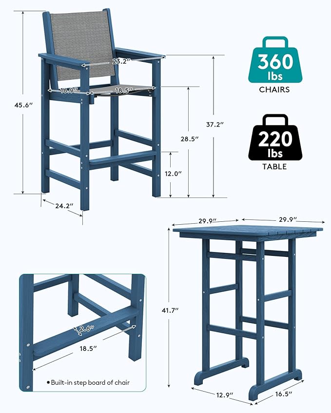 SERWALL 3 Pieces Textilene Adirondack Bar Set, Tall Adirondack Bar Height Cha...
