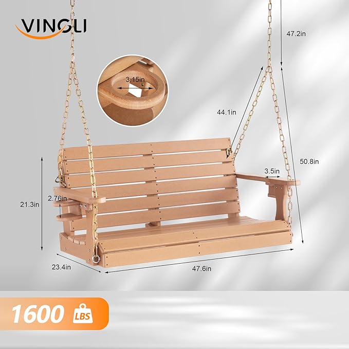 VINGLI Heavy Duty 1600 LBS HDPE Porch Swing Outdoor with Rotatable Cup Holder...