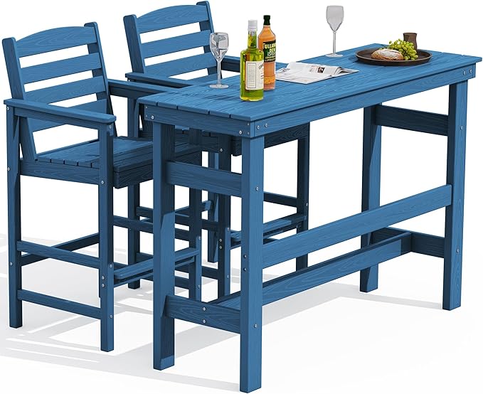SERWALL Outdoor Bar Table and Chairs Set, Adirondack Bar Chairs Set of 2 and ...