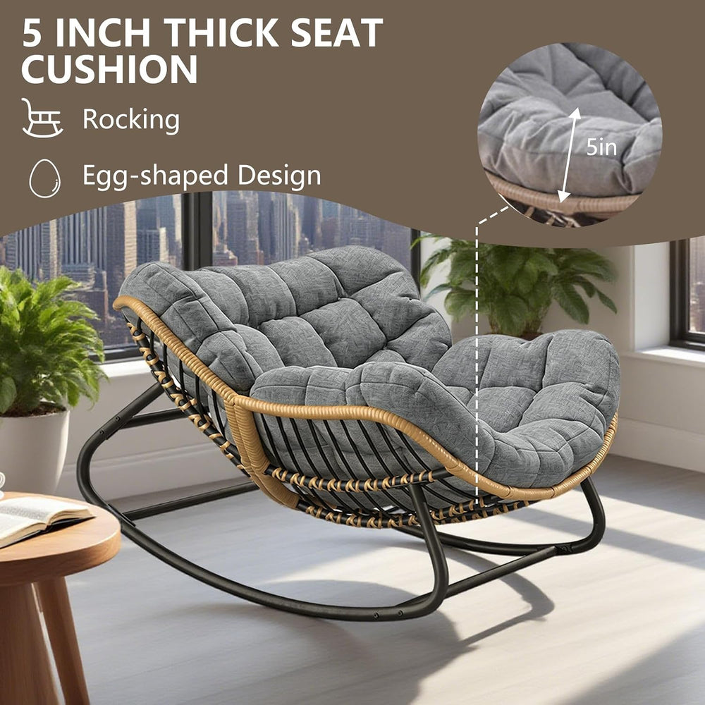 Oversized Papasan Rocking Chair with Extra Thick Cushion, Rattan Wicker Egg C...