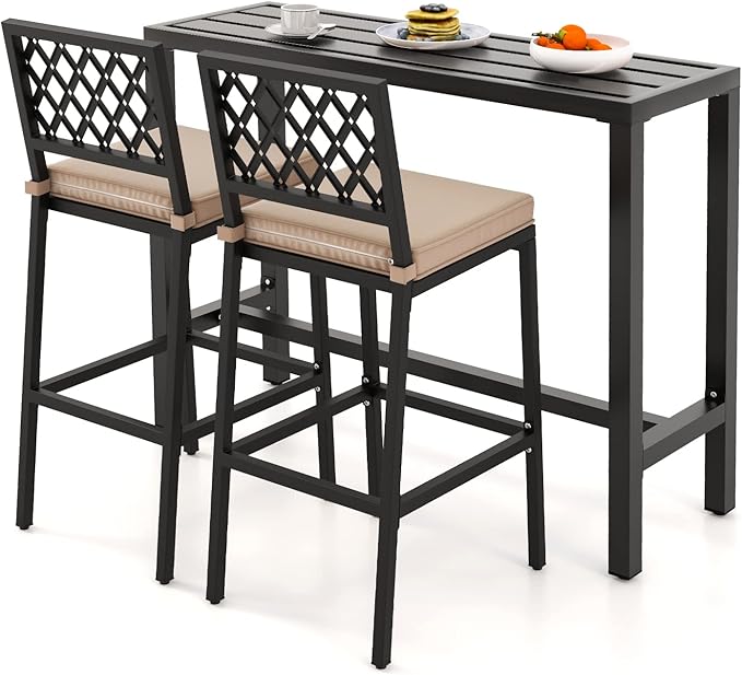 COSTWAY 3 Piece Outdoor Bar Table and Chairs Set, 48" Pub Height Bar Tab...