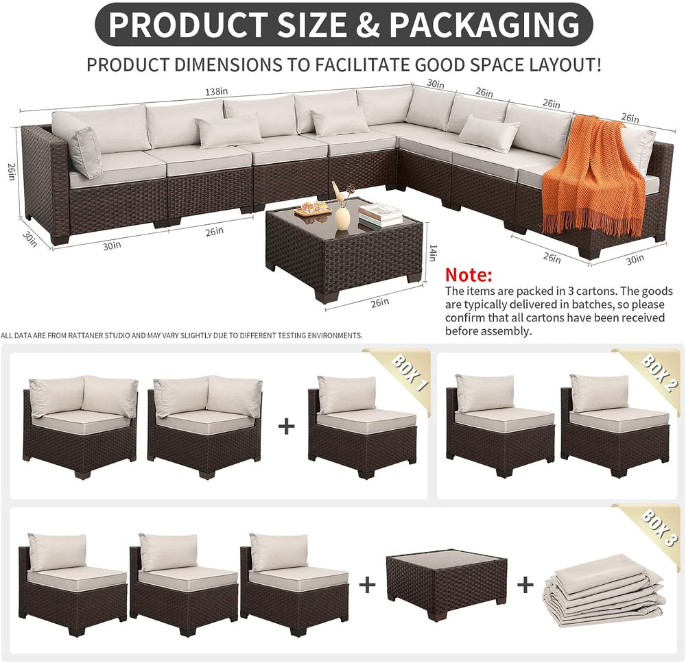 Rattaner 9 Pieces Outdoor Sectional All-Weather HDPE Brown Wicker Patio Furni...