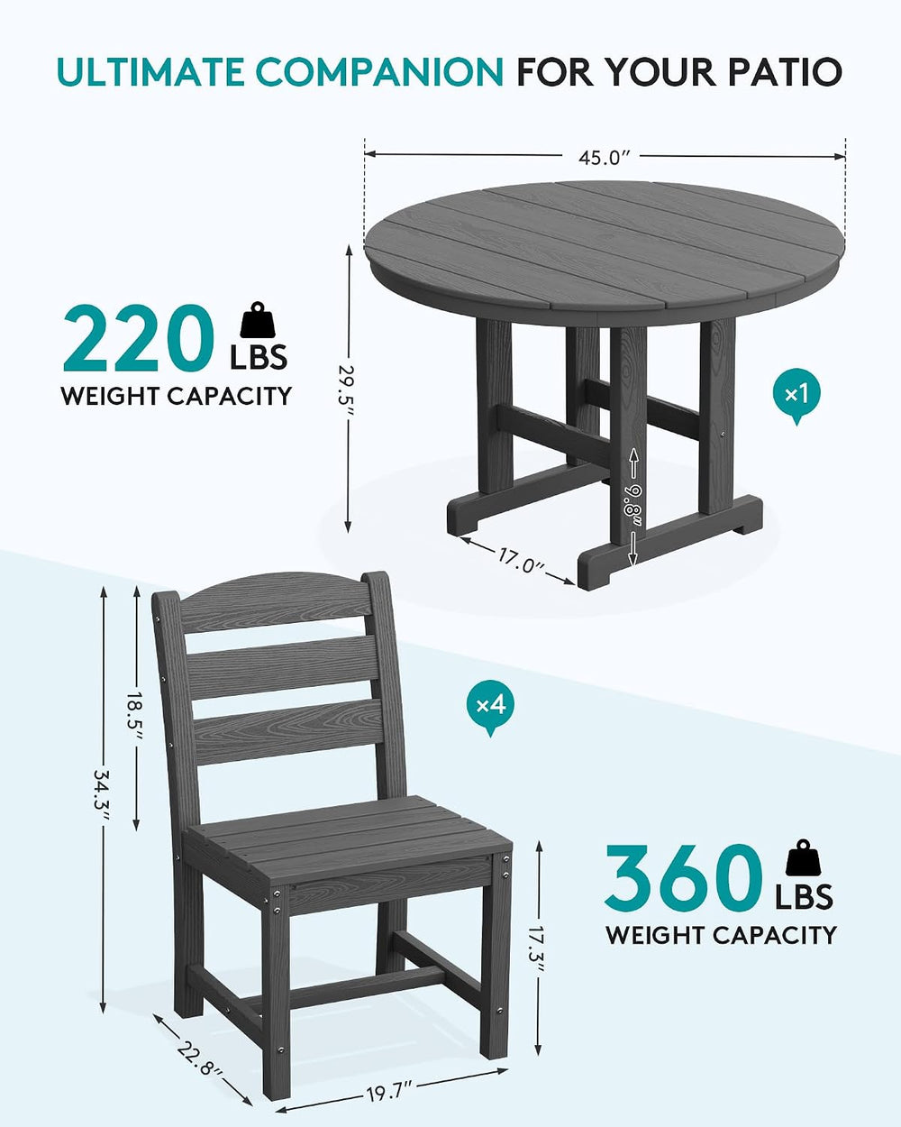 SERWALL 5-Piece Patio Dining Set, 45" Table & 4 Armless Chairs, Grey