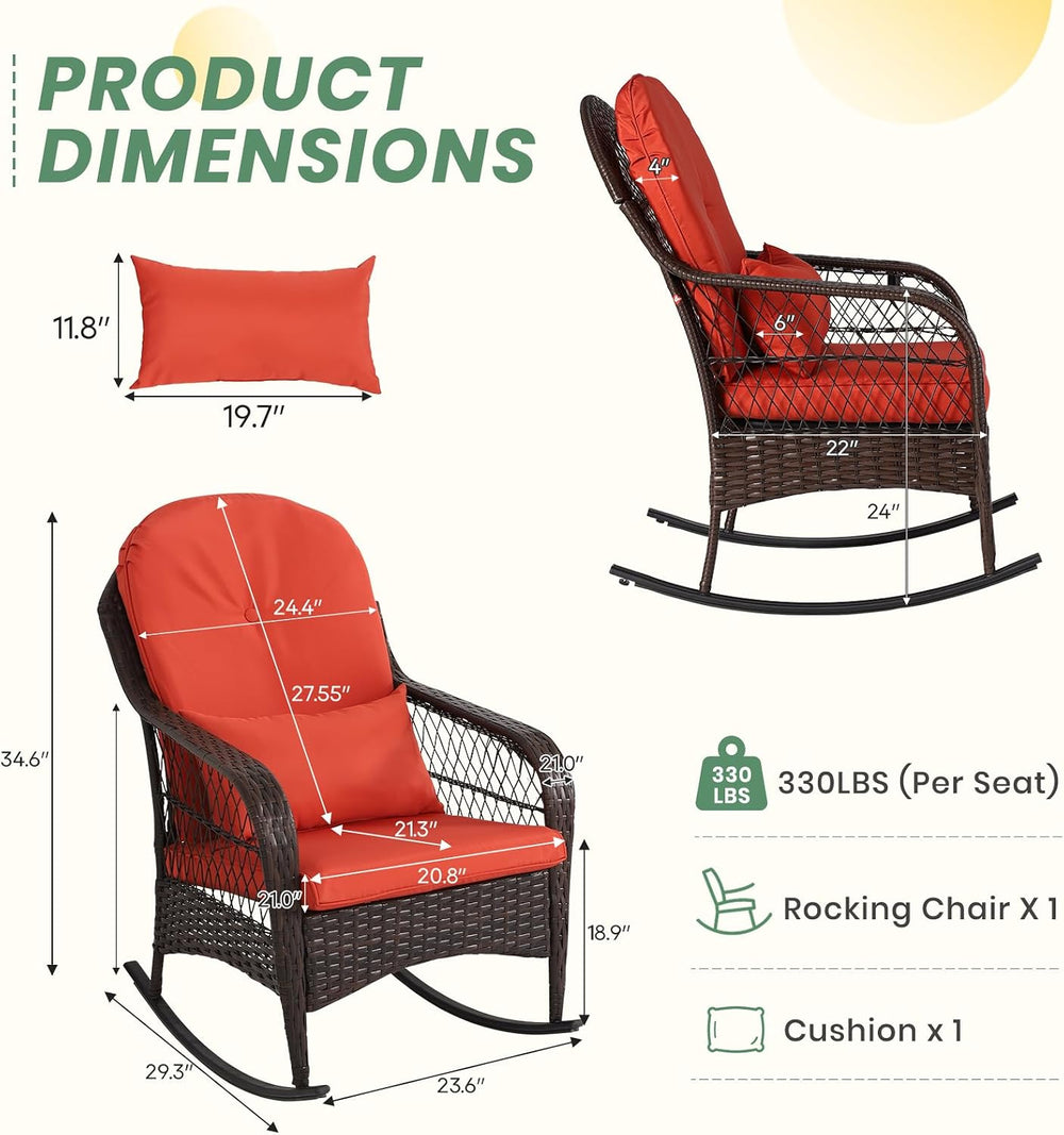 LVUYOYO Outdoor Wicker Rocking Chair, Patio Rattan Rocker Chair with Cushions...