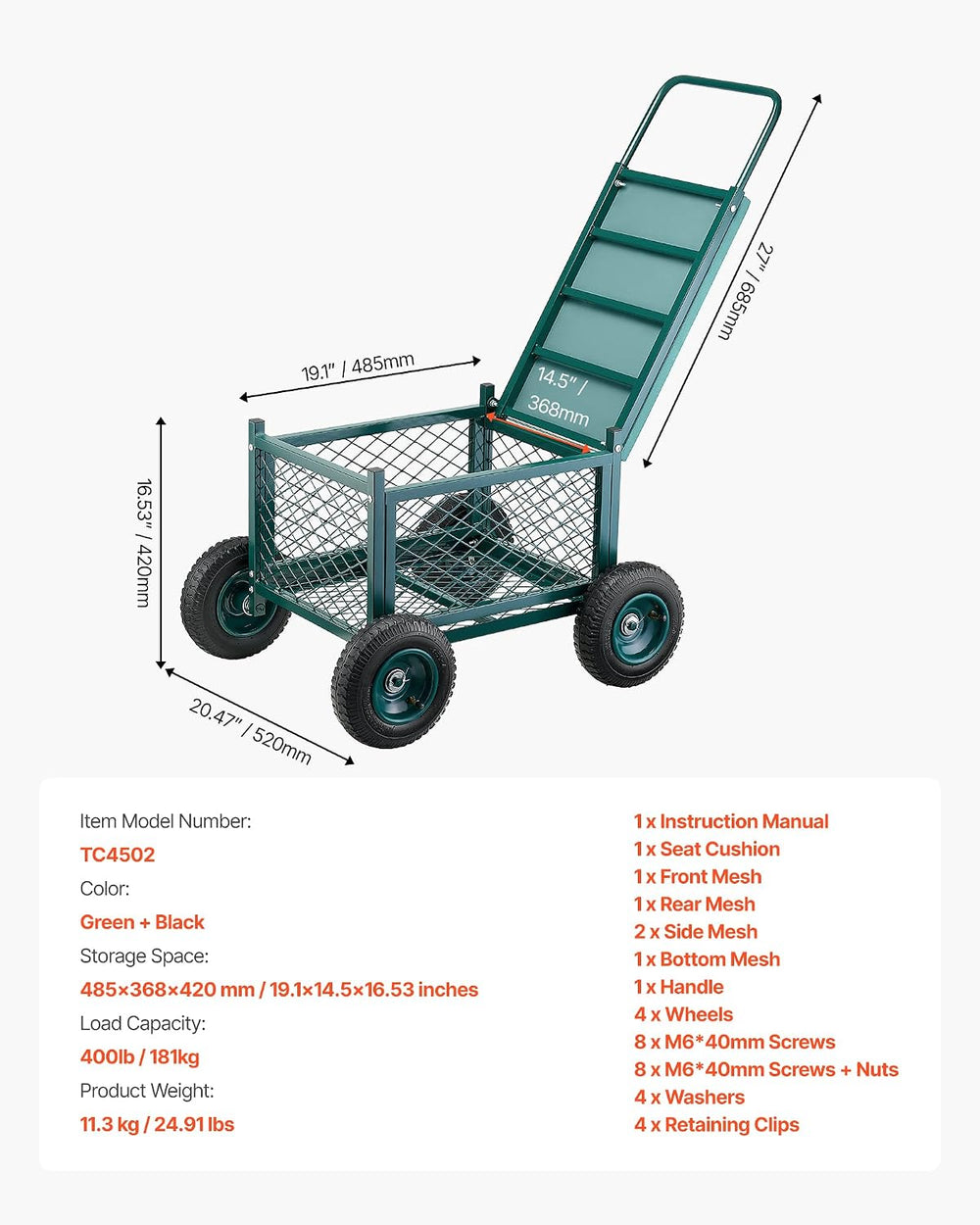 VEVOR Rolling Garden Cart with Seat, Metal Rolling Garden Work Seat with Whee...
