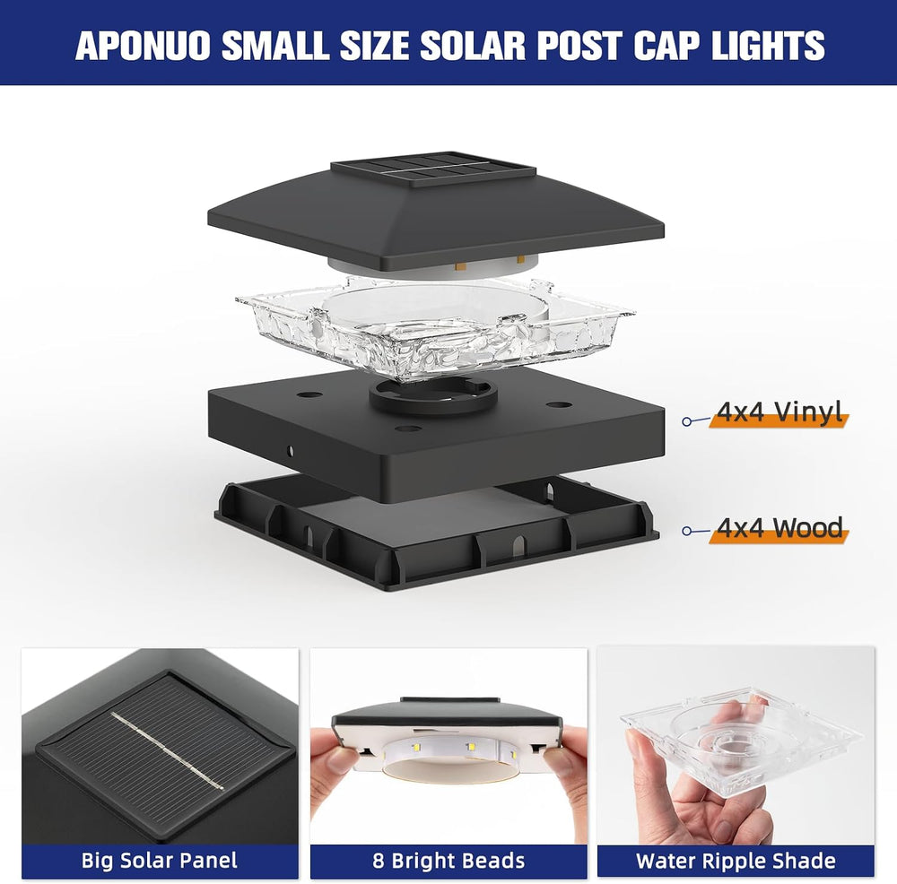 APONUO Solar Post Cap Lights for 4x4 Posts - IP64 Waterproof, 3000K LED, No-W...