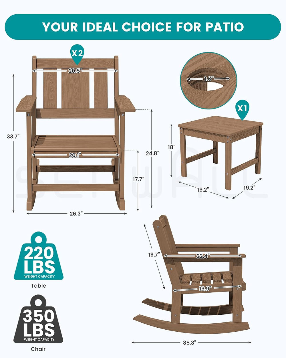 SERWALL 3-Piece Patio Furniture Set with 2 Rocking Chairs & Table, Brown