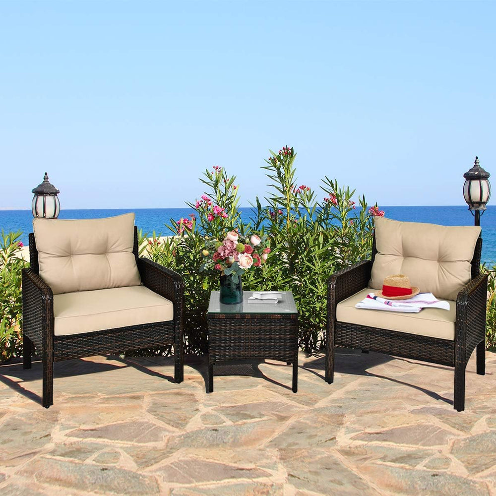 HAPPYGRILL 3 Pieces Patio Furniture Set, Outdoor Rattan Wicker Conversation S...