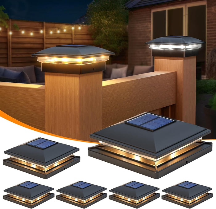 APONUO Solar Post Cap Lights - 6 Pack Outdoor Waterproof for 4x4, 5x5, 6x6 Posts, 2 Modes Warm/Cool Light, Solar Powered Fence/Deck/Patio Decor, Black