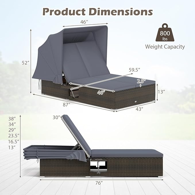 RELAX4LIFE Outdoor Rattan Daybed w/Canopy - Wicker Double Chaise Lounge w/6-P...