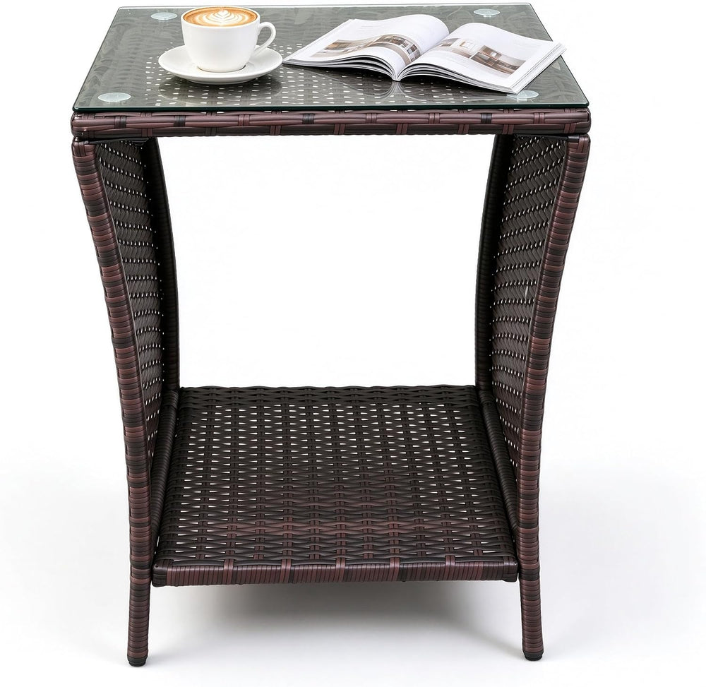 Outdoor Wicker Rattan Side Table, 2-Tier Storage, Glass Top, 105LBS