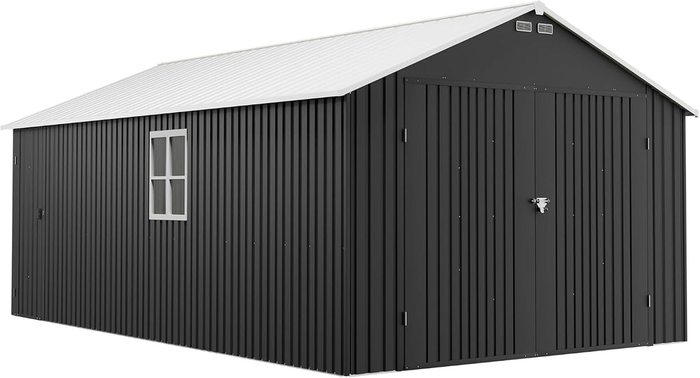 Greesum 12x20FT Heavy Duty Metal Garage with Side Door, Black
