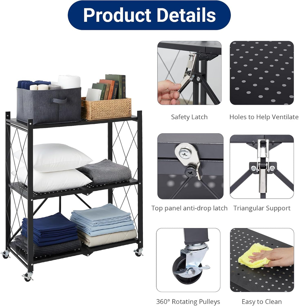 3 Tier Foldable Storage Shelves with Wheels, Metal Collapsible Organization S...