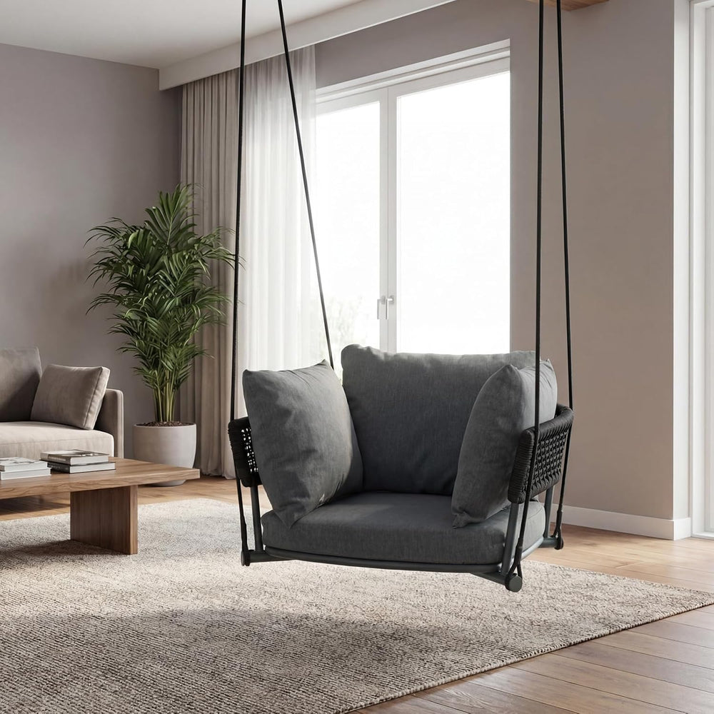 Single Porch Swings Chair with Cushions, Hanging Rope Swing, Hanging Chair fo...