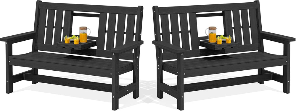 SERWALL HDPE Outdoor Bench with Cup Holder Oversized 58" Porch Bench, Black