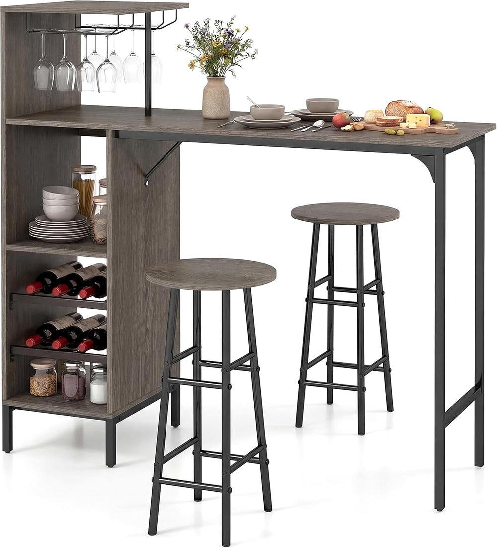 GIANTEX 3 Pieces Bar Table and Stools Set, Bistro Table Set with Glass Holder...