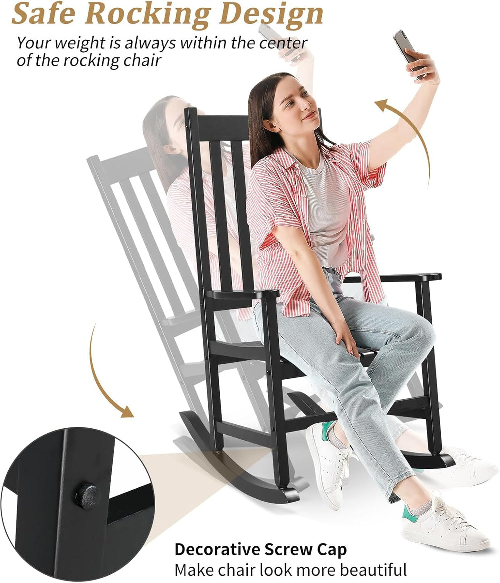 Outvita Outdoor Rocking Chair, Solid Wood High Back Porch Rocker, Black