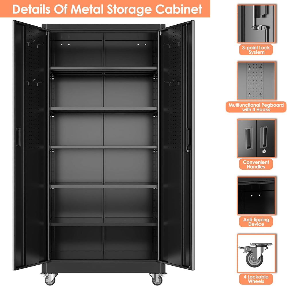 71" Metal Storage Cabinet with Wheels, 5 Adjustable Shelves, Black