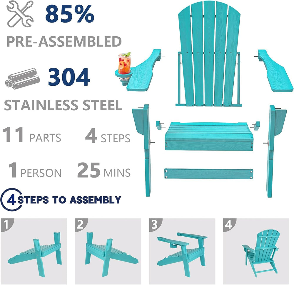 Plawdlik HDPE Folding Adirondack Chair with Cup Holder, Firepit, Aruba