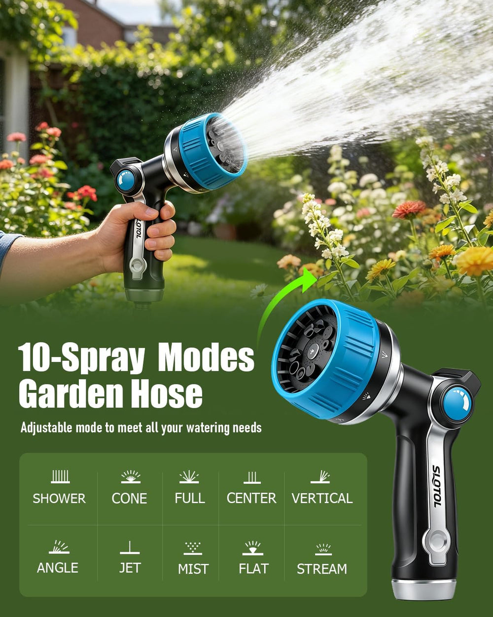 2 Pack Garden Hose Nozzle, Heavy Duty Metal Sprayer with Adjustable Spray Pat...