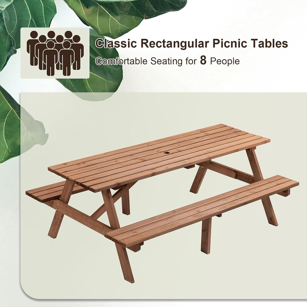 Outdoor Wooden Picnic Table with Benches and Umbrella Hole, Rustic Style Wood...