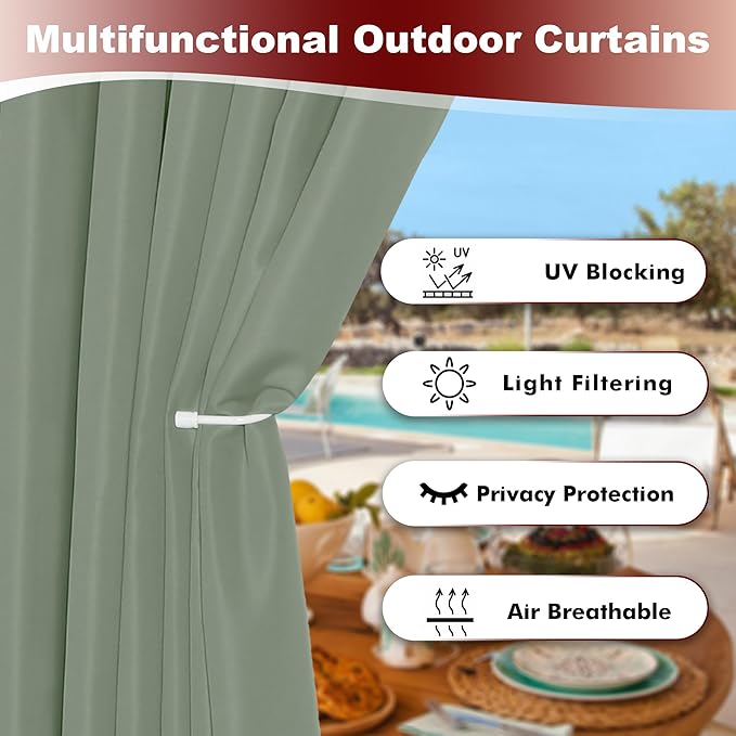 HolidayIdeas Grommet Outdoor Curtains for Patio Waterproof 8 Pcs All Weather ...