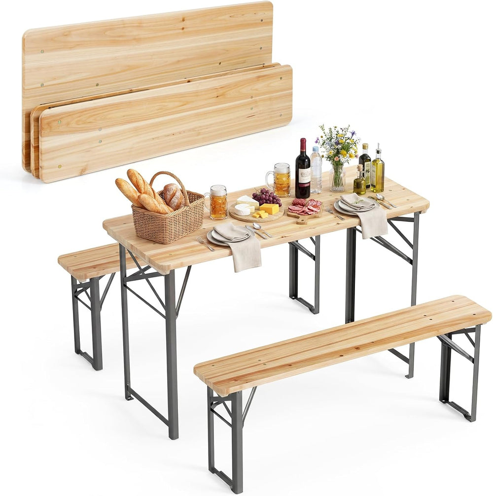 Tangkula 3 Piece Folding Picnic Table with 2 Benches, Foldable Wood Picnic Ta...