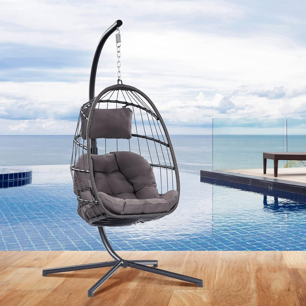 Egg Chair with Stand - Patio Rattan Wicker Hanging Swing Egg Chair Hammock Ch...