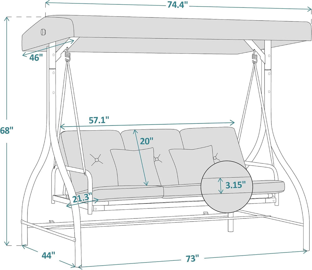 MCombo 3-Seat Outdoor Patio Swing Chair, 2-in-1 Convertible Porch Swing Glide...