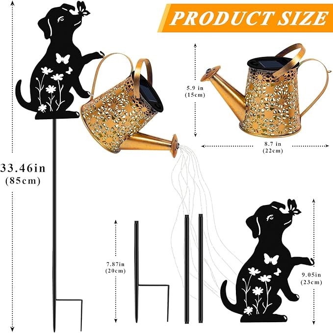 Solar Lights Outdoor Decorative, Watering Can with Cascading Lights, with Dog...