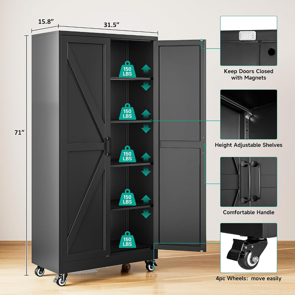 SISESOL 71" Tall Metal Storage Cabinet with Wheels,Rolling Garage Storag...