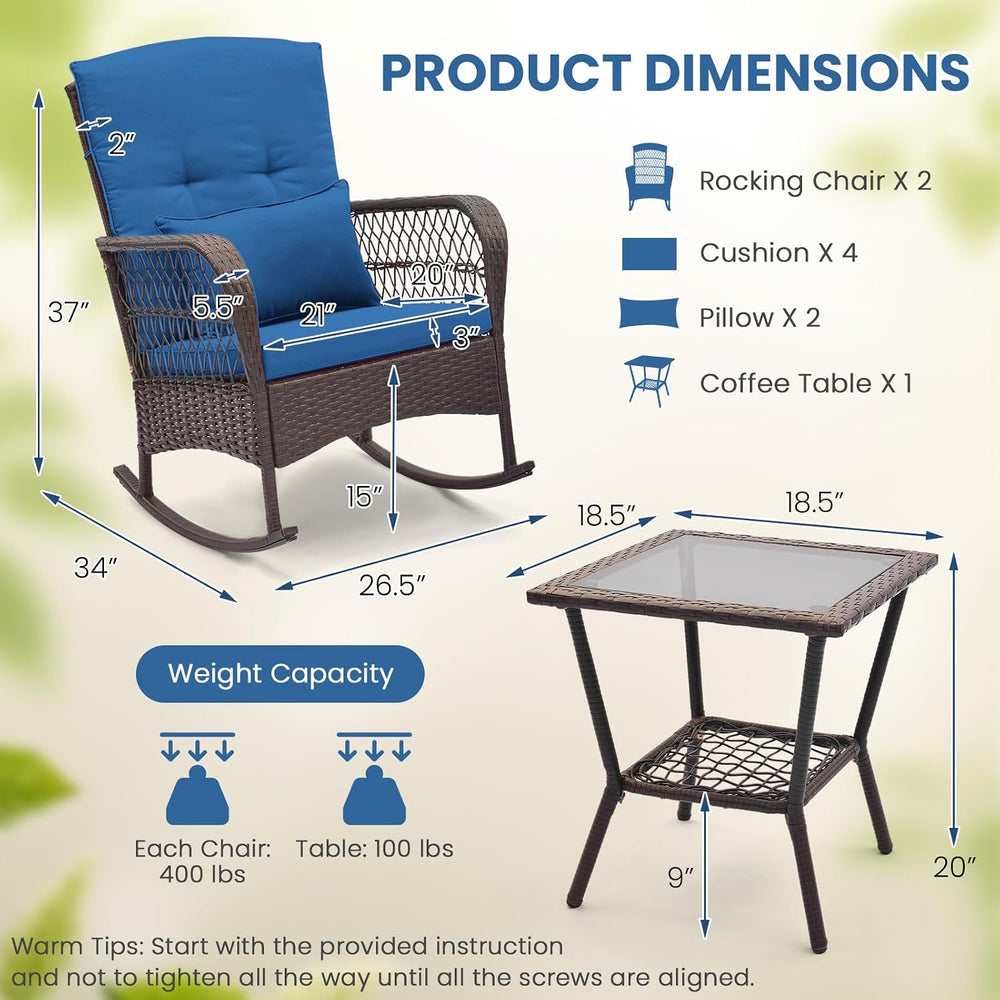 ORALNER 3 Pieces Patio Rocking Chair Set, Wicker Bistro Set (Navy)