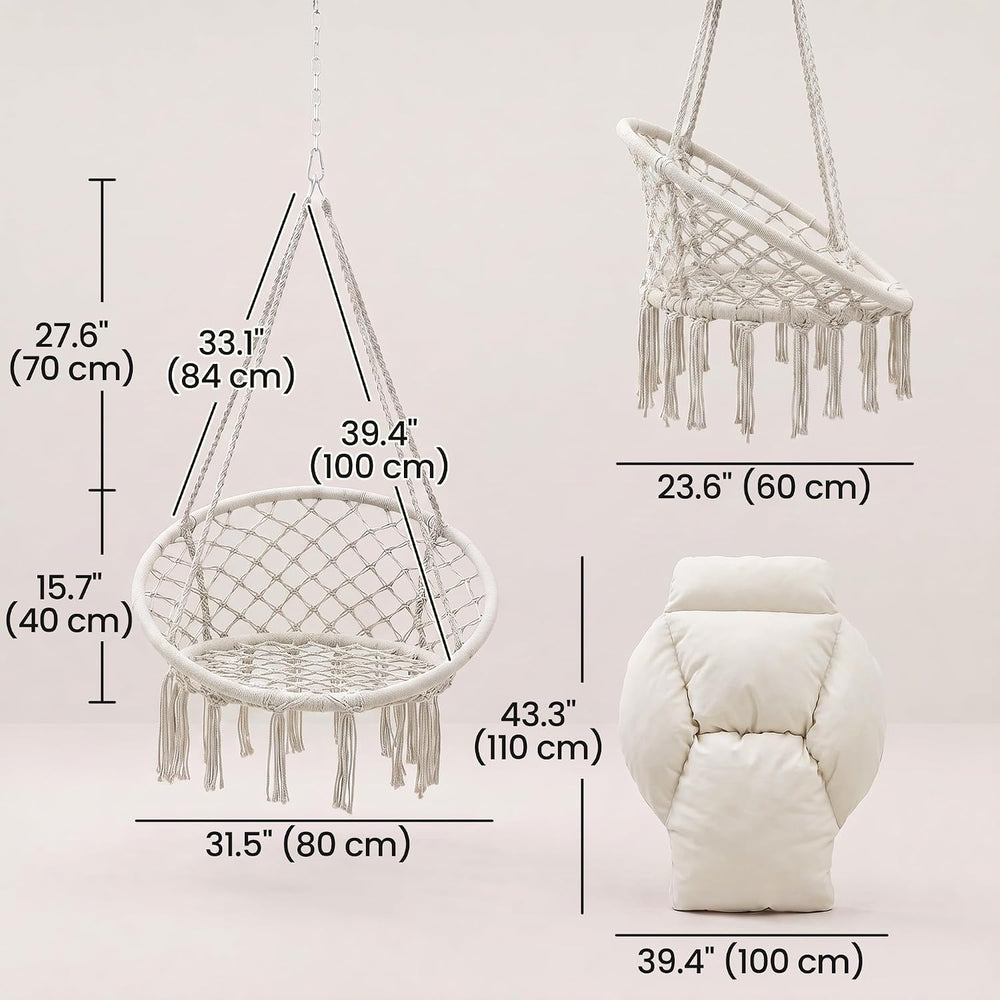 Outsunny Hammock Swing Chair w/ Large Cushion Cotton Rope Chain Cream White