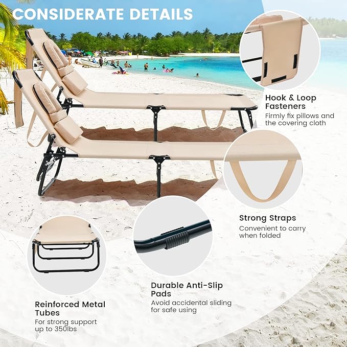 GYMAX Tanning Chair, 350lbs Beach Lounge Chair with Face Hole, Detachable Was...