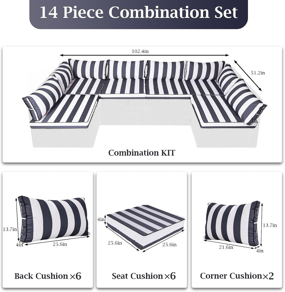 Outdoor Sectional Cushions 4" Foam High-Density, Navy Blue White
