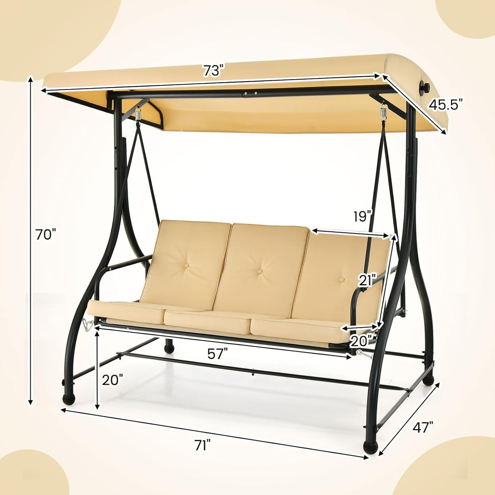 HAPPYGRILL 3 Seat Outdoor Porch Swing with Adjustable Canopy & Foot Pad