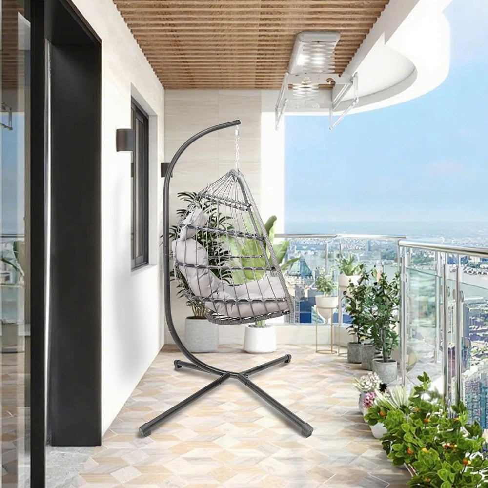 Hanging Egg Chair with Stand, Patio Wicker Hammock Egg Swing Chair with Cushi...