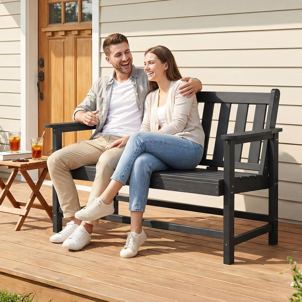 VINGLI 49in HDPE Outdoor Bench with Backrest and Armrests, 2-Person Weatherpr...