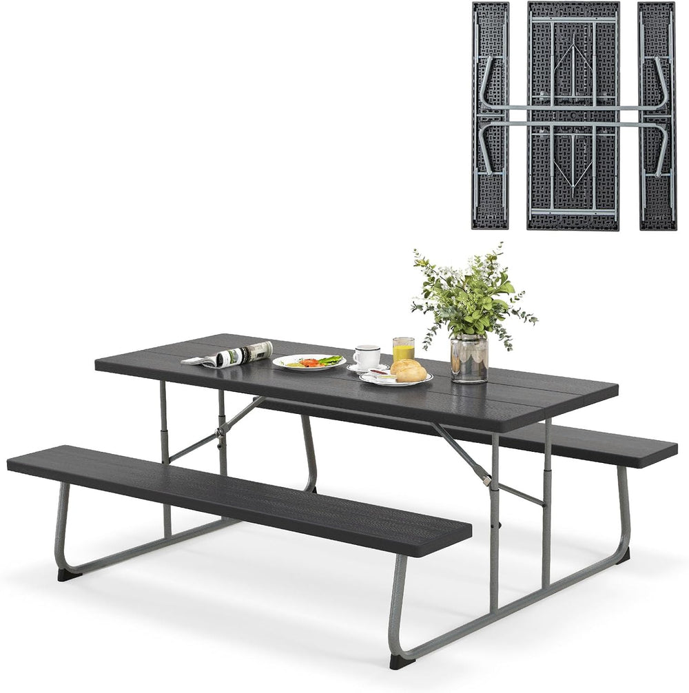 Tangkula 6 Ft Folding Picnic Table with 2 Built-in Benches, Black