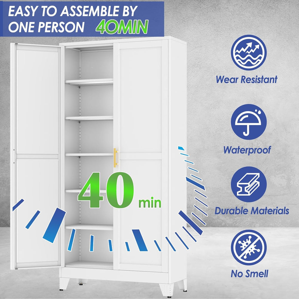 75" Metal Garage Storage Cabinet with 2 Doors and 5 Adjustable Shelves,M...