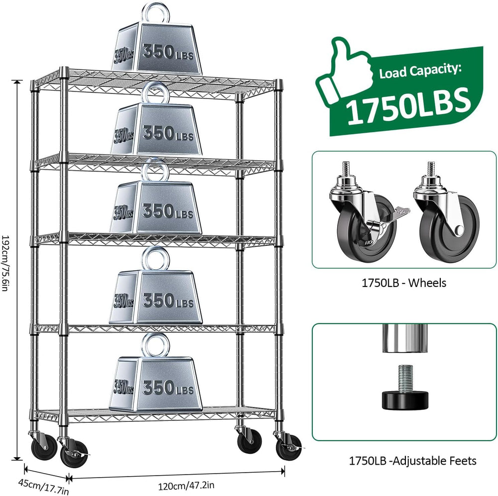 IZEUK 5-Tier Storage Shelving Unit with Wheels, Adjustable Heavy Duty Steel W...