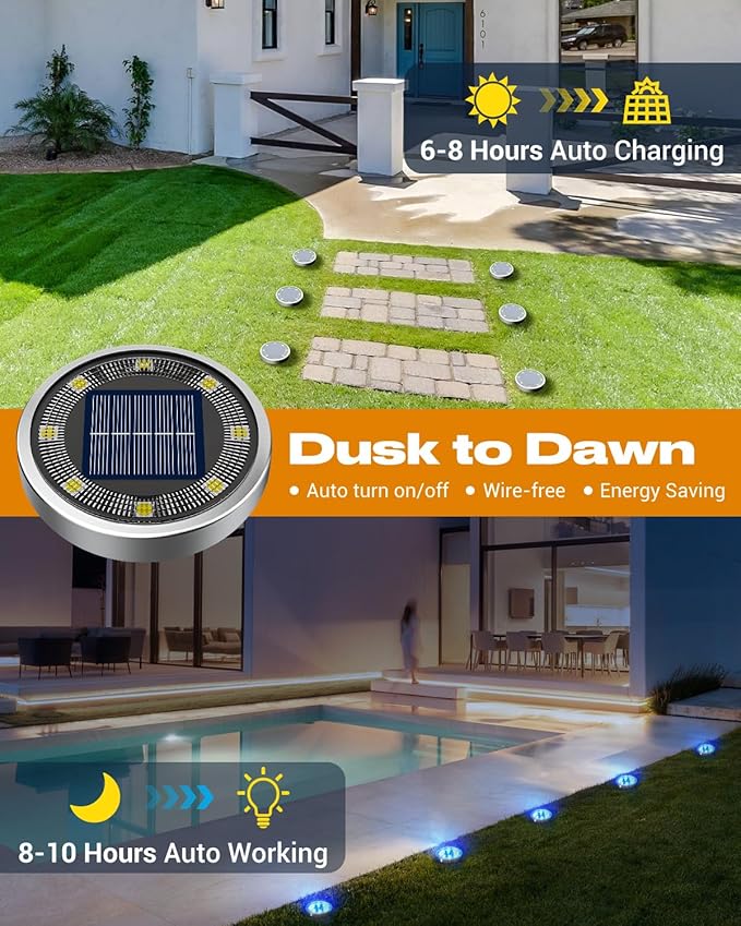 btfarm 16 Pack Solar Lights Outdoor, 8 LED Solar Ground Lights IP65 Waterproo...
