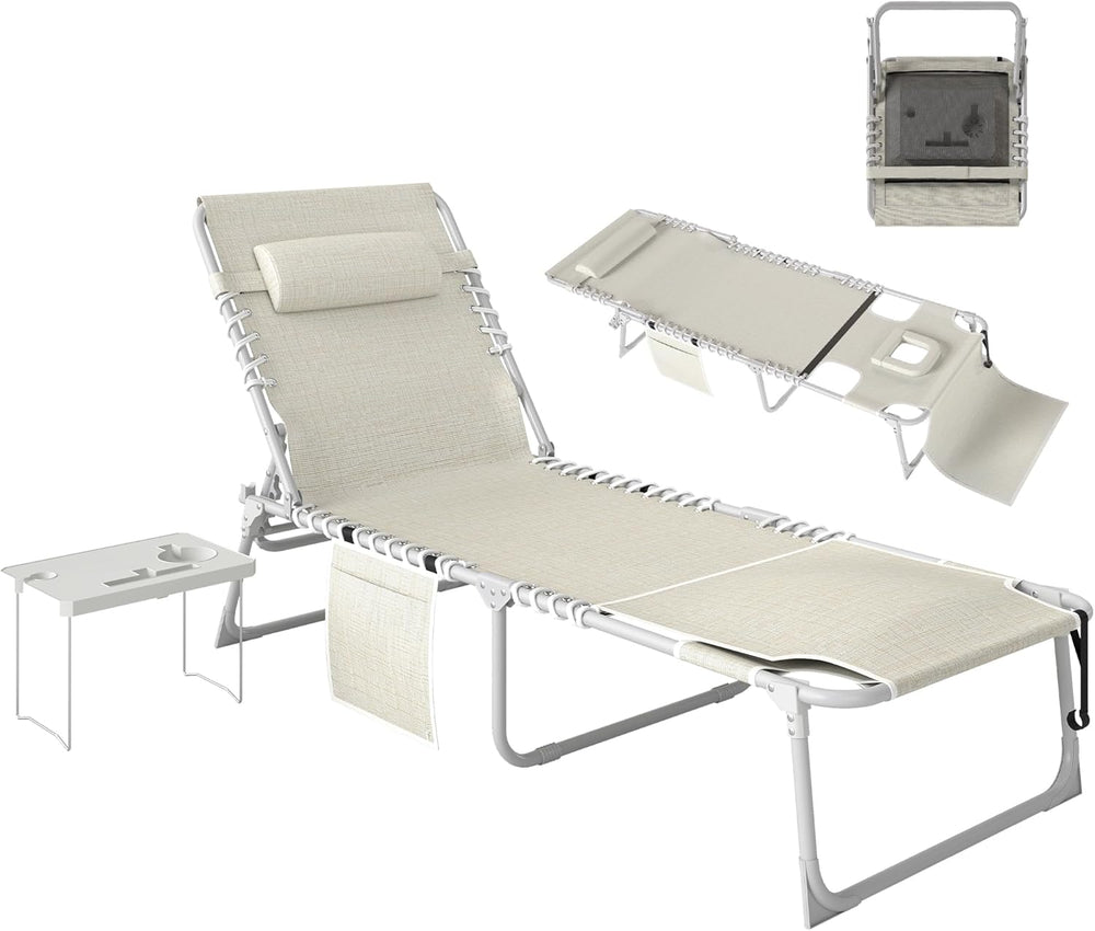 Outsunny Tanning Chair with Face Hole Breathable Mesh Beige | Side Table, Fol...